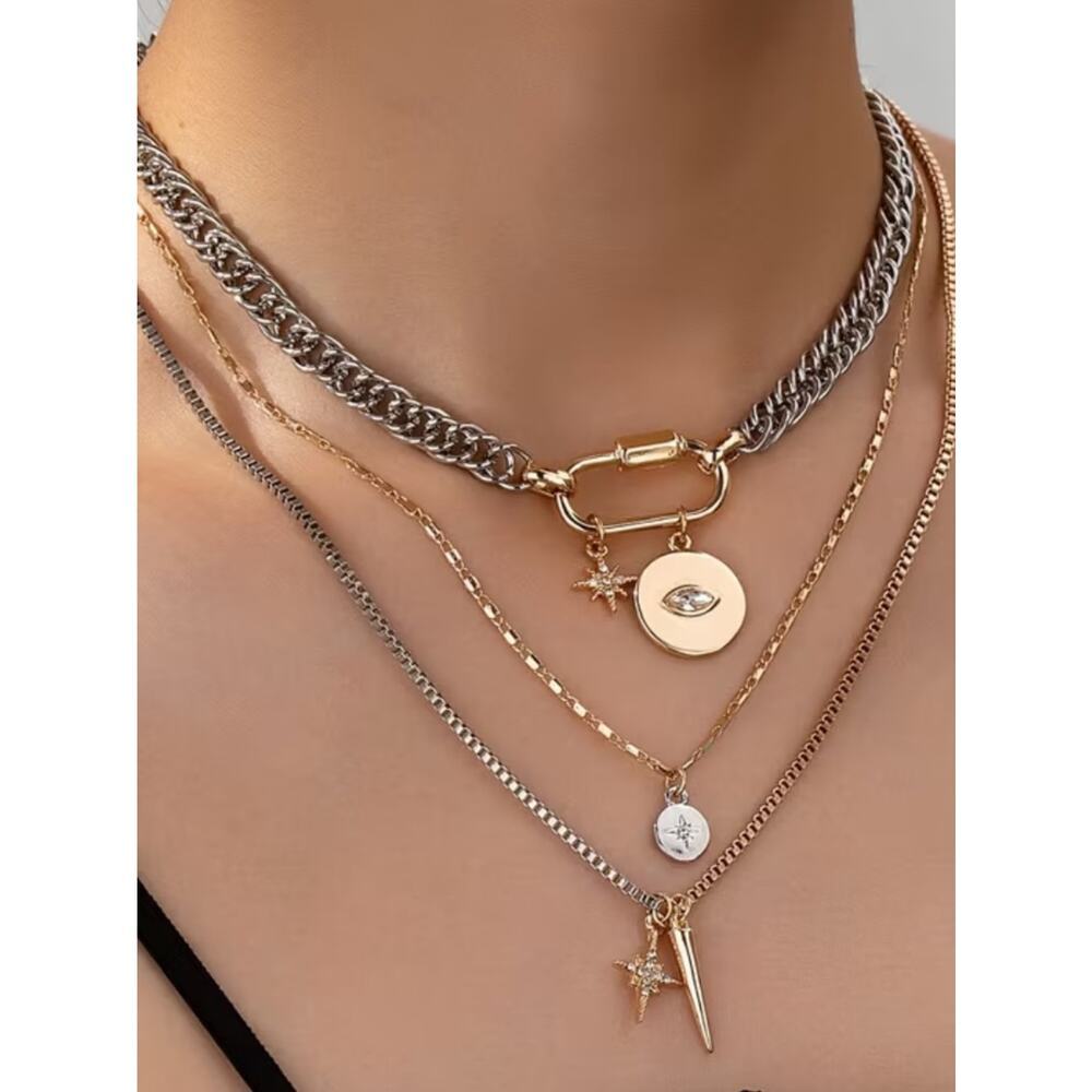 Gold & Silver Charm Necklace Chain Multilayer Pendant Tarnish Free
